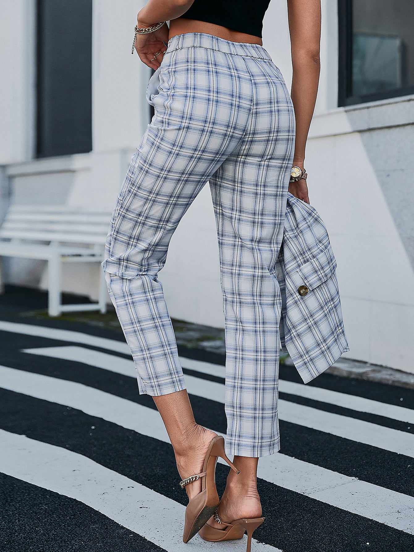 Plaid Cropped Pants with Side Pockets