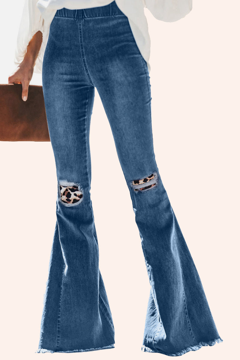 Leopard Patchwork Bell Bottom Jeans