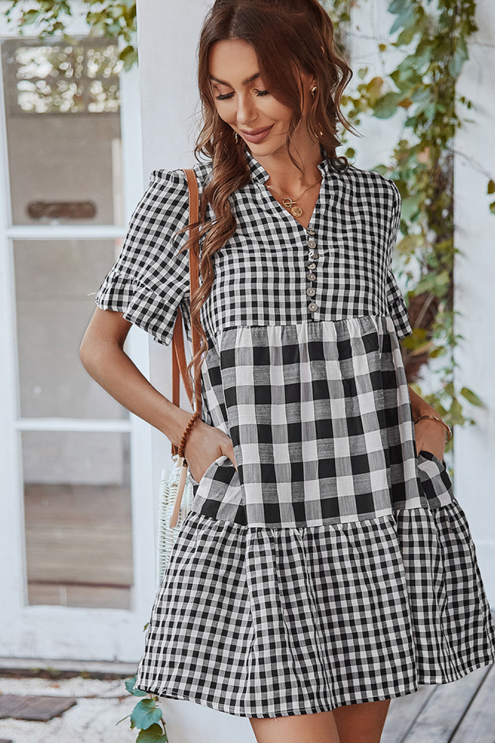 Gingham Tiered Mini Dress with Decorative Buttons