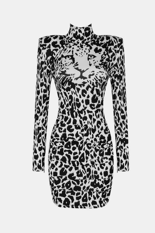 Leopard Print High Neck Long Sleeve Dress Leopard Print High Neck Long Sleeve Dress - M&R CORNERDresses Trendsi Gray / XS