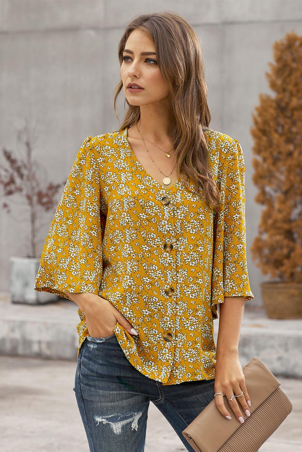 Sweet Osmanthus Print Button Up Blouse