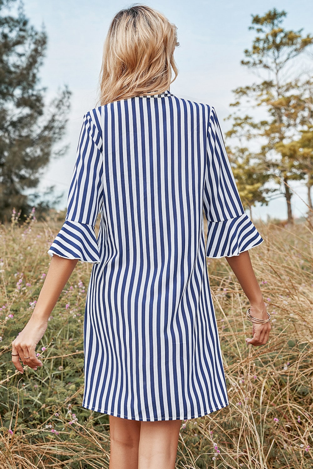 Striped Button Down Flare Sleeve Dress