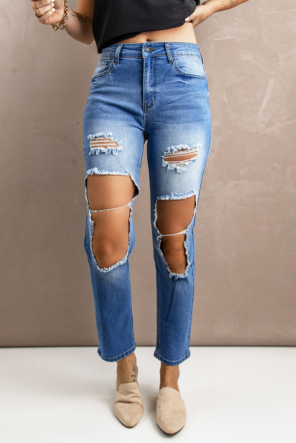 Distressed Acid Wash Jeans with Pockets