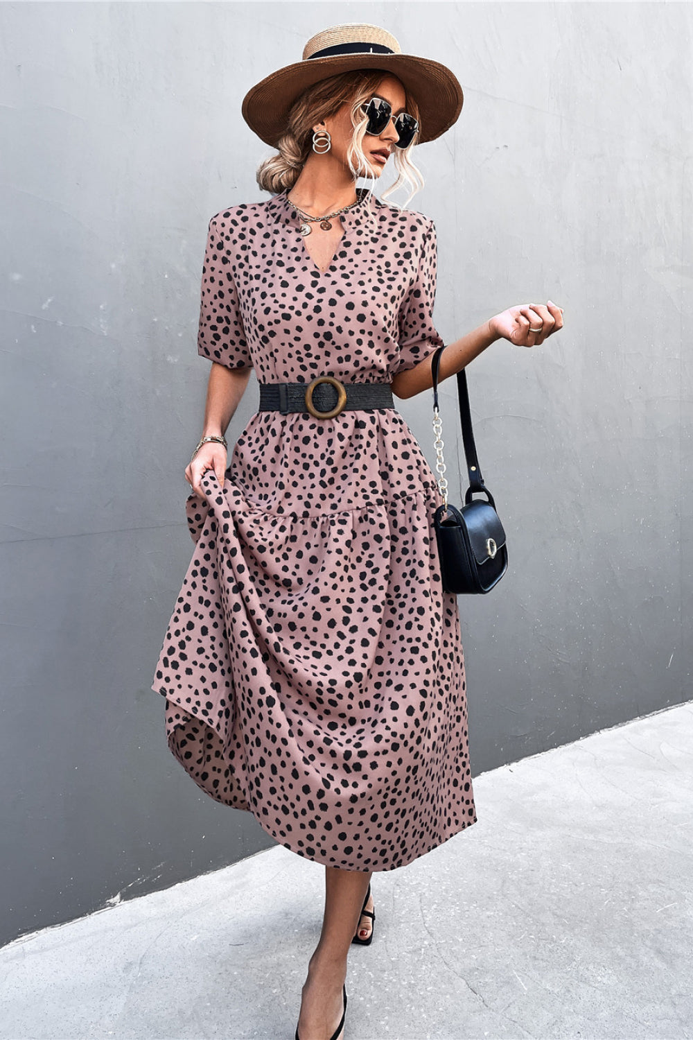 Printed Notched Neck Tiered Midi Dress