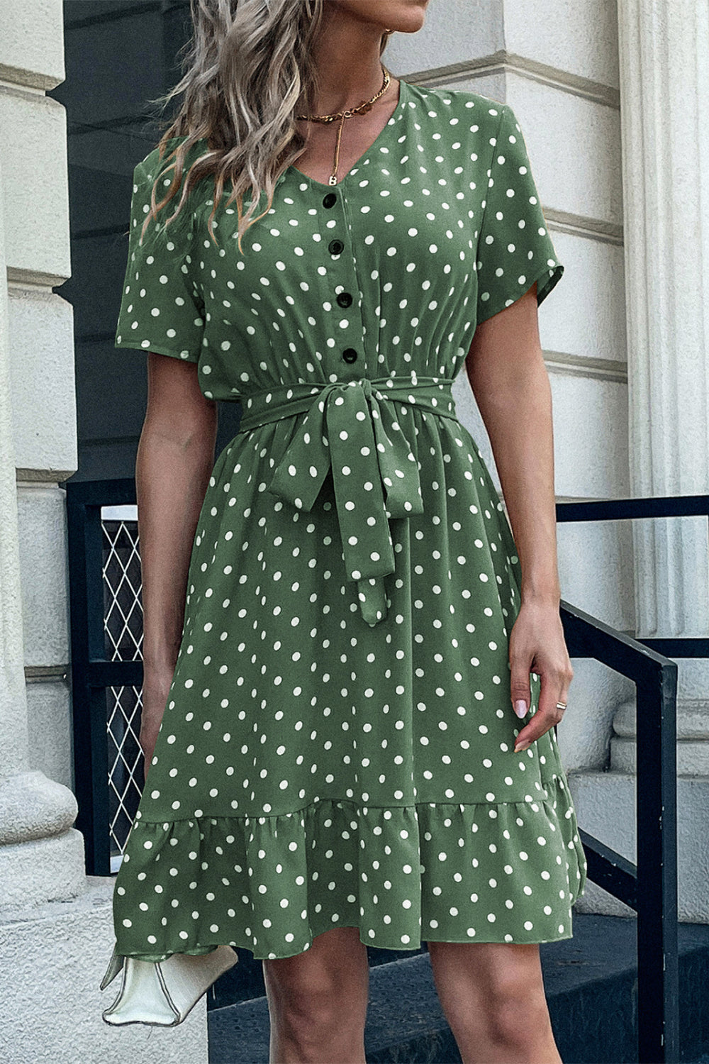 Polka Dot Tie-Waist Half Button Dress