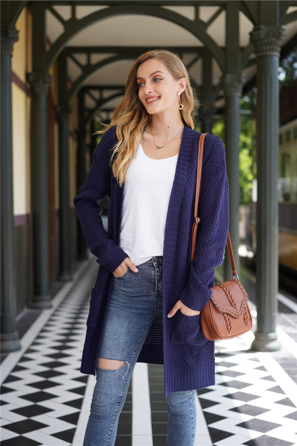 Cable-Knit Open Front Longline Sweater Cardigan