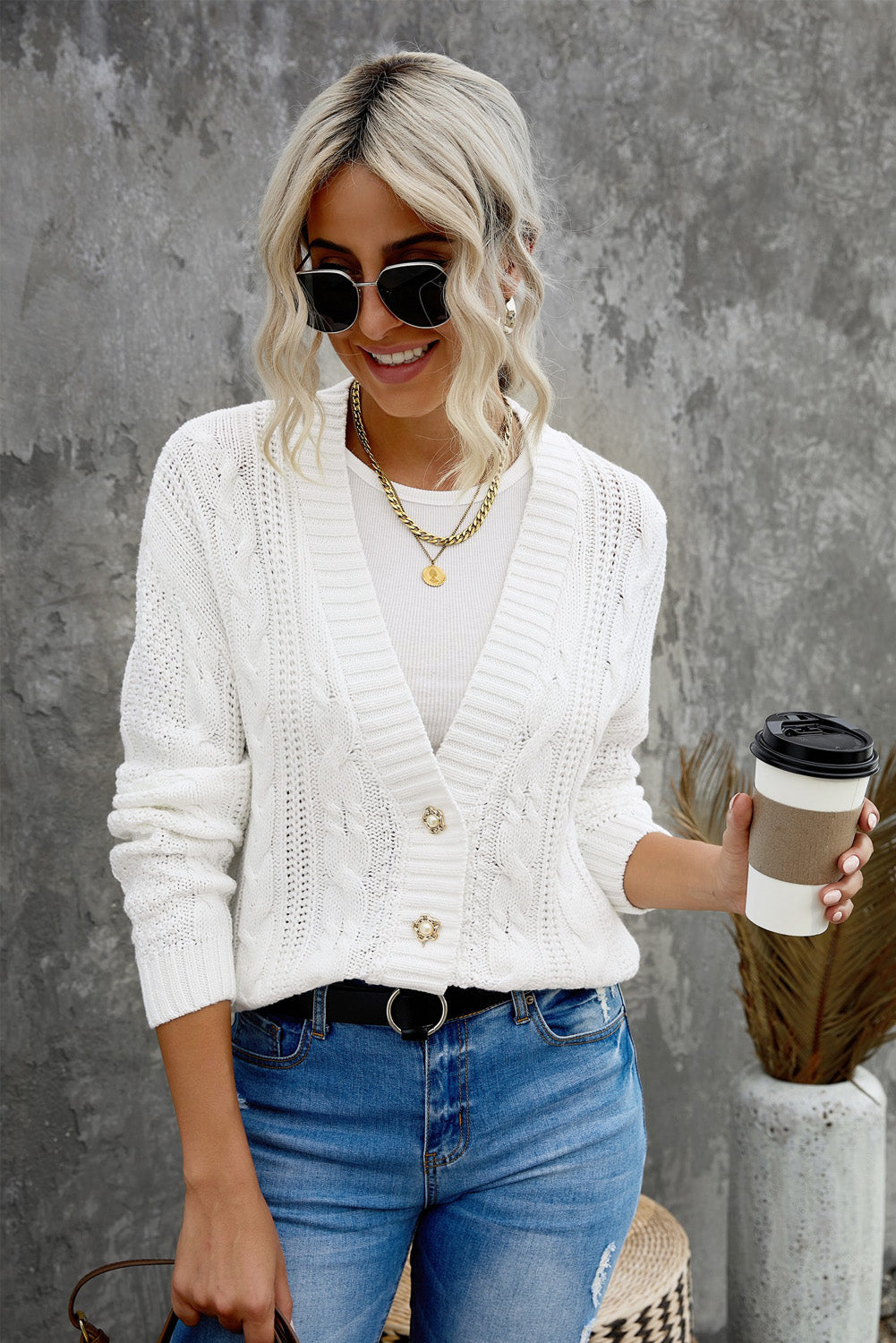 Cable Knit Floral Button Cardigan