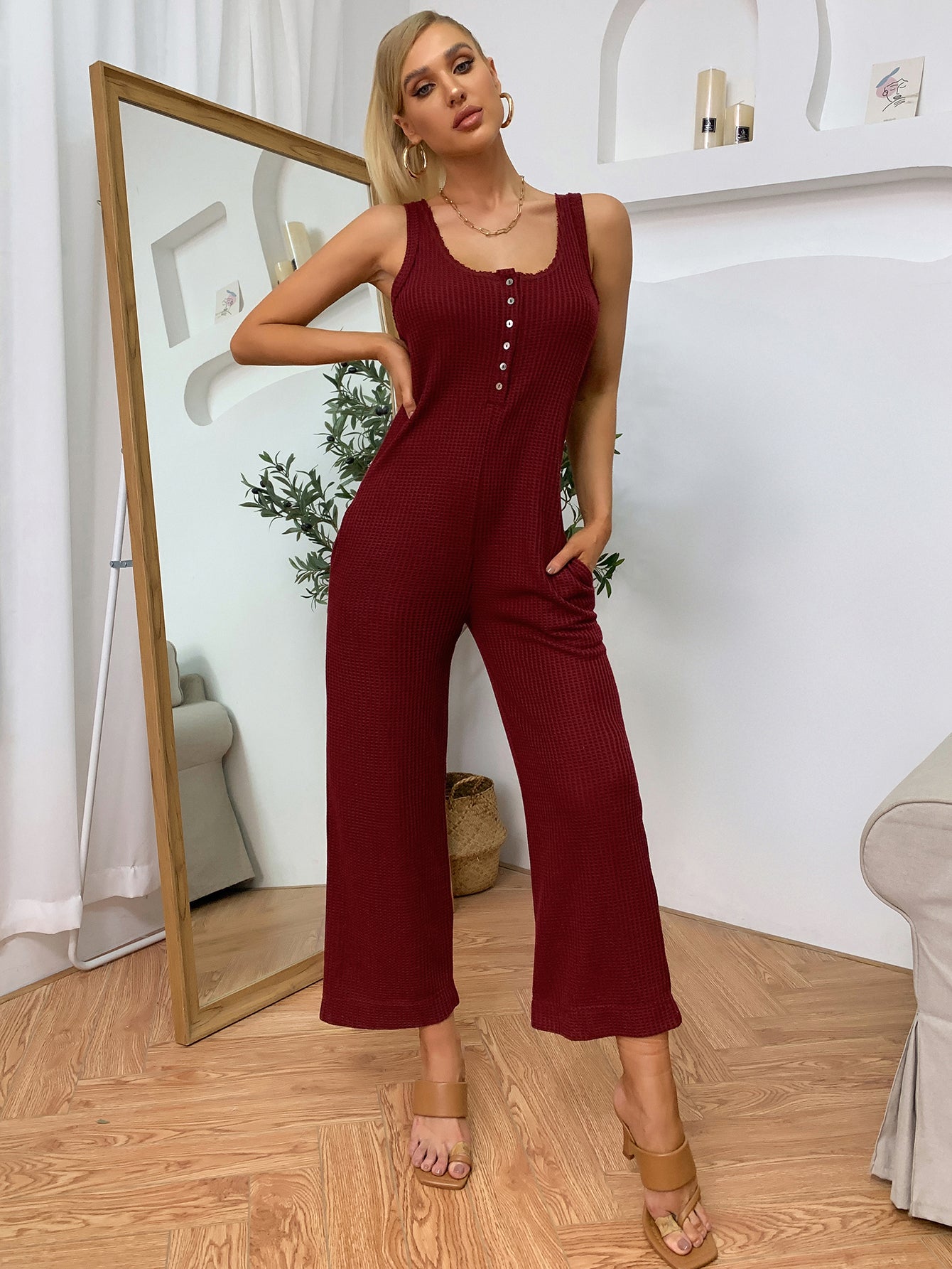 Waffle Knit Sleeveless Button Front Jumpsuit