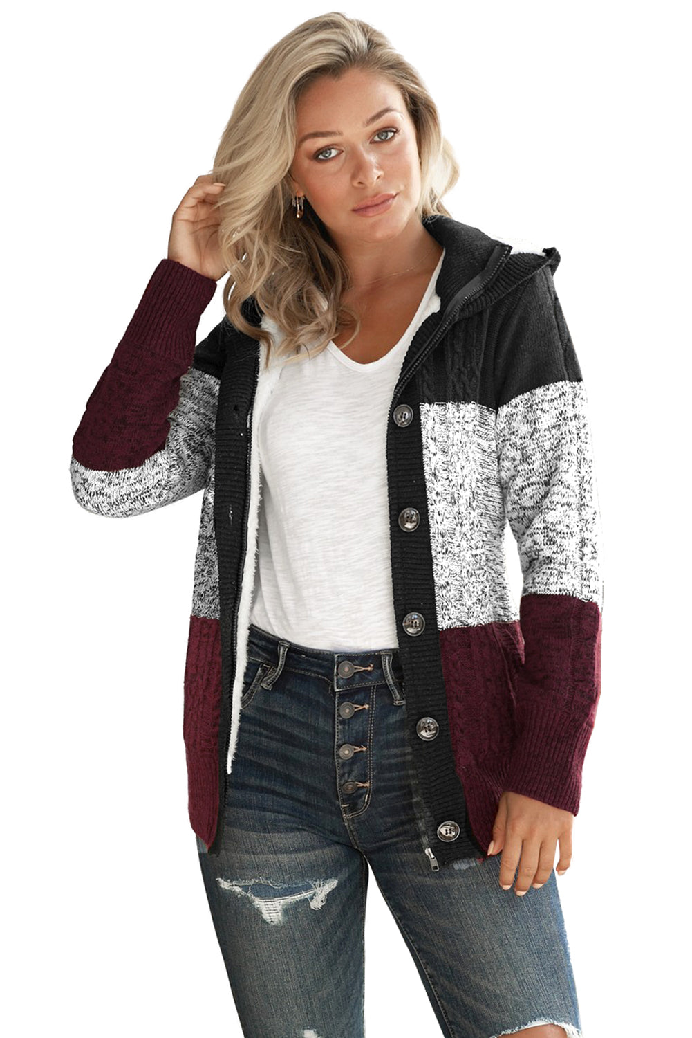 Hooded Cable Knit Fleece Cardigan
