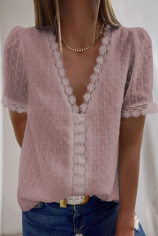 Lace Splicing V-Neck Swiss Dot Top Lace Splicing V-Neck Swiss Dot Top - M&R CORNERTop Trendsi Pink / M