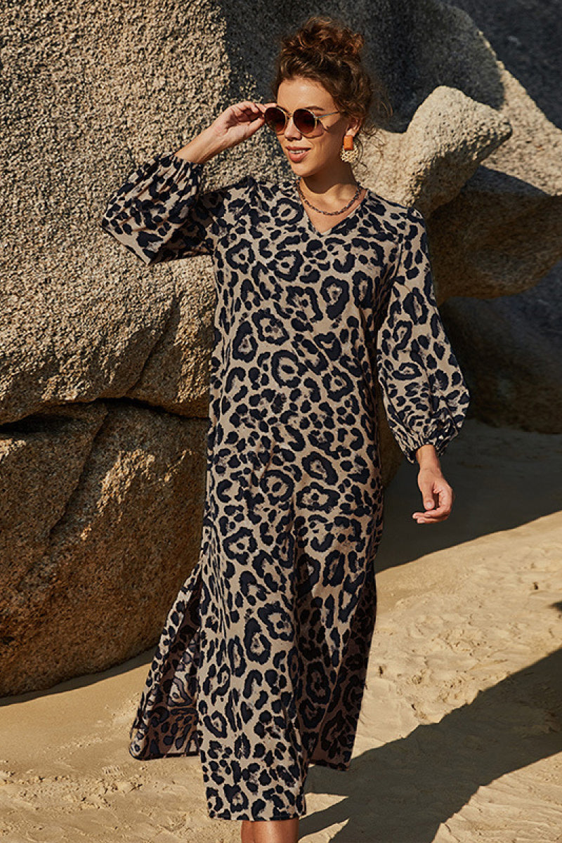 Leopard Print V Neck Split Dress