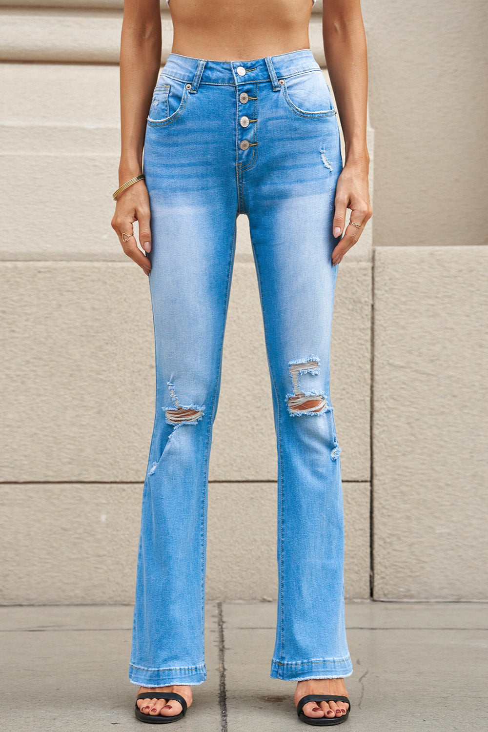 Button Fly Distressed Mid-Rise Flare Jeans