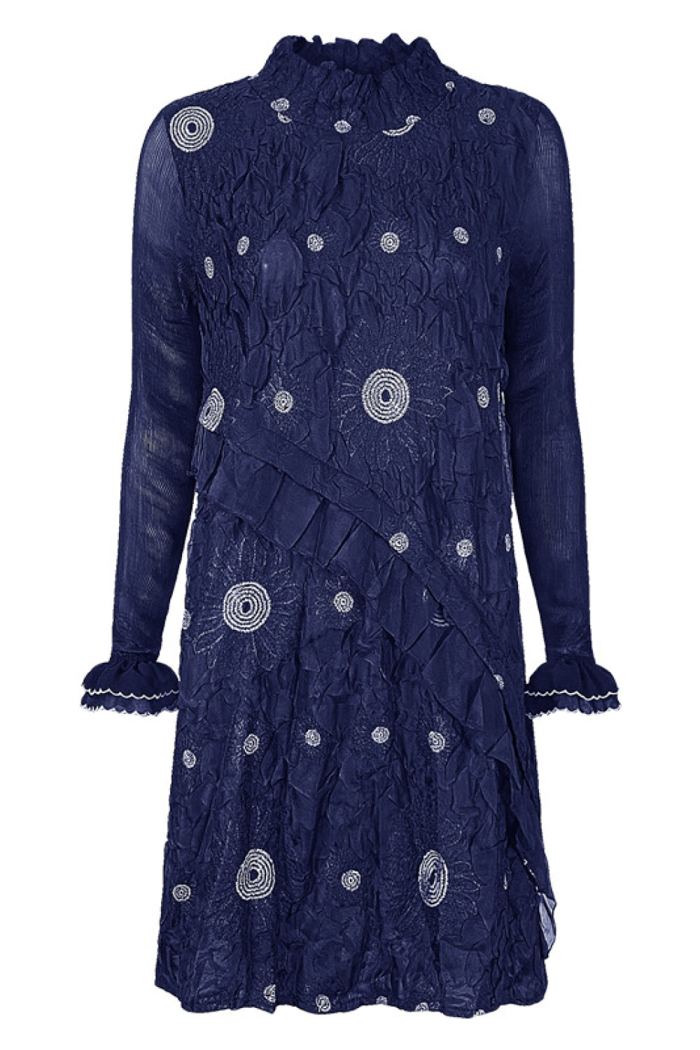 Embroidered Ruffle Trim Pleated Flounce Sleeve Dress