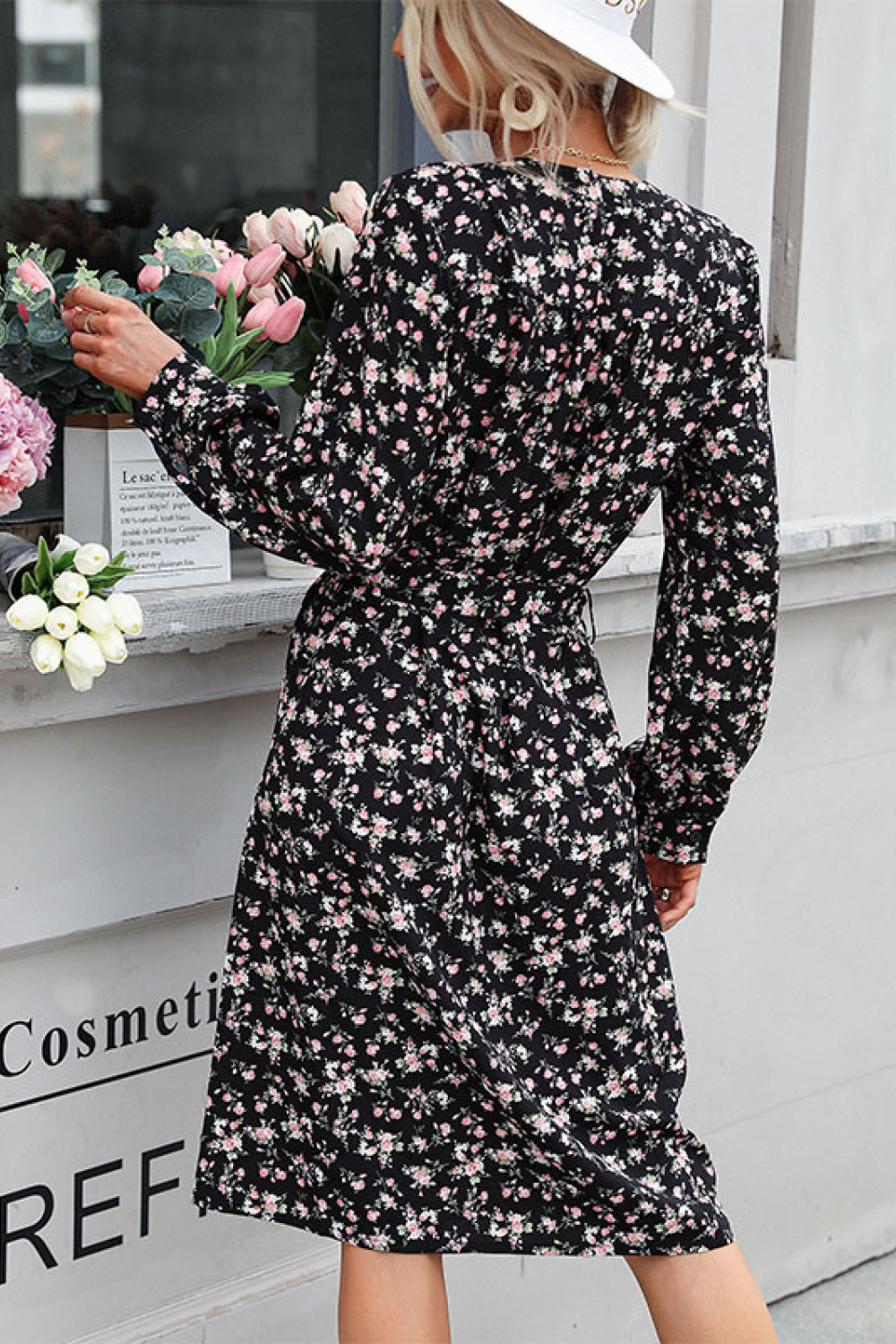 Ditsy Floral Tie-Waist Notched Neck Dress