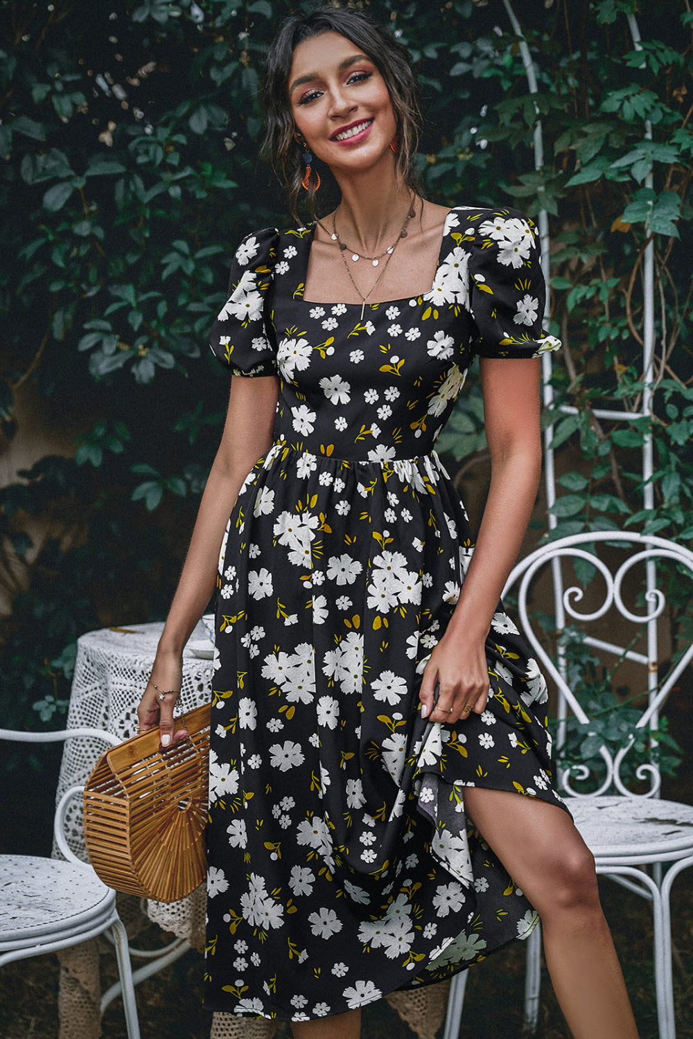 Floral Puff Sleeve Backless Square Neck Midi Dress