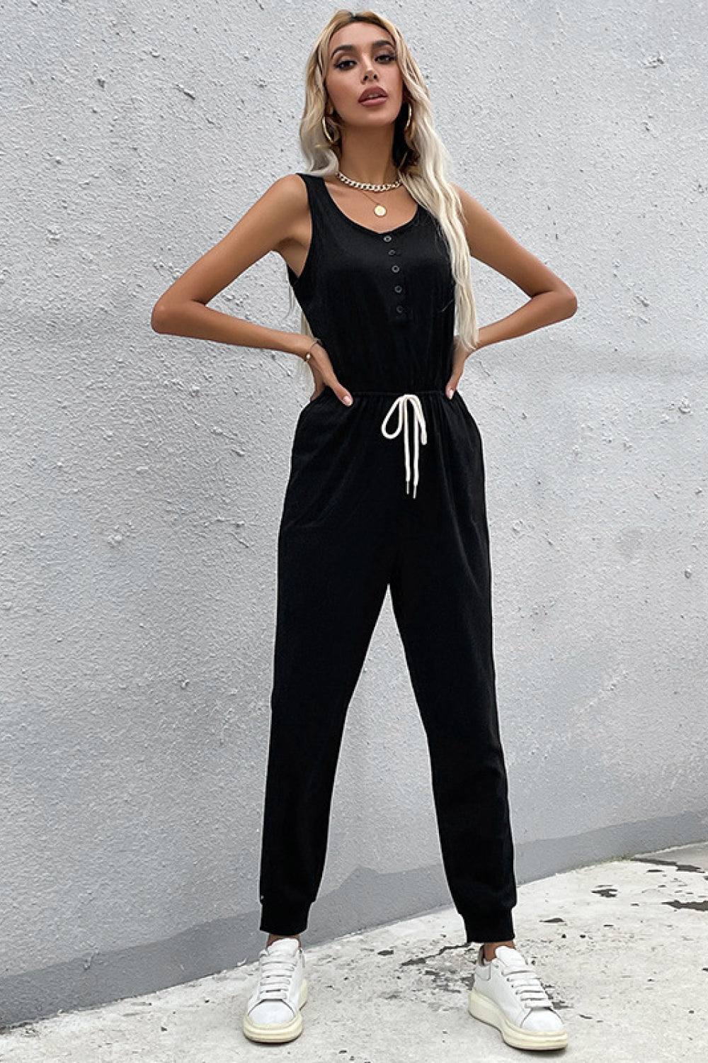 Drawstring Elastic Waist Sleeveless Jumpsuit Drawstring Elastic Waist Sleeveless Jumpsuit - M&R CORNER Trendsi Black / S