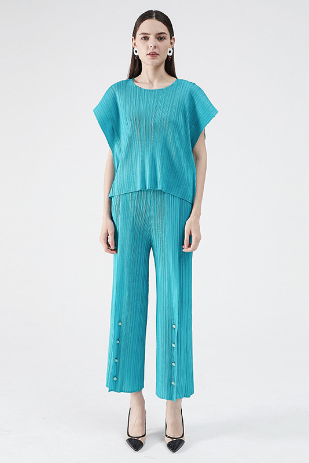 Accordion Pleated Round Neck Top and Pants Set