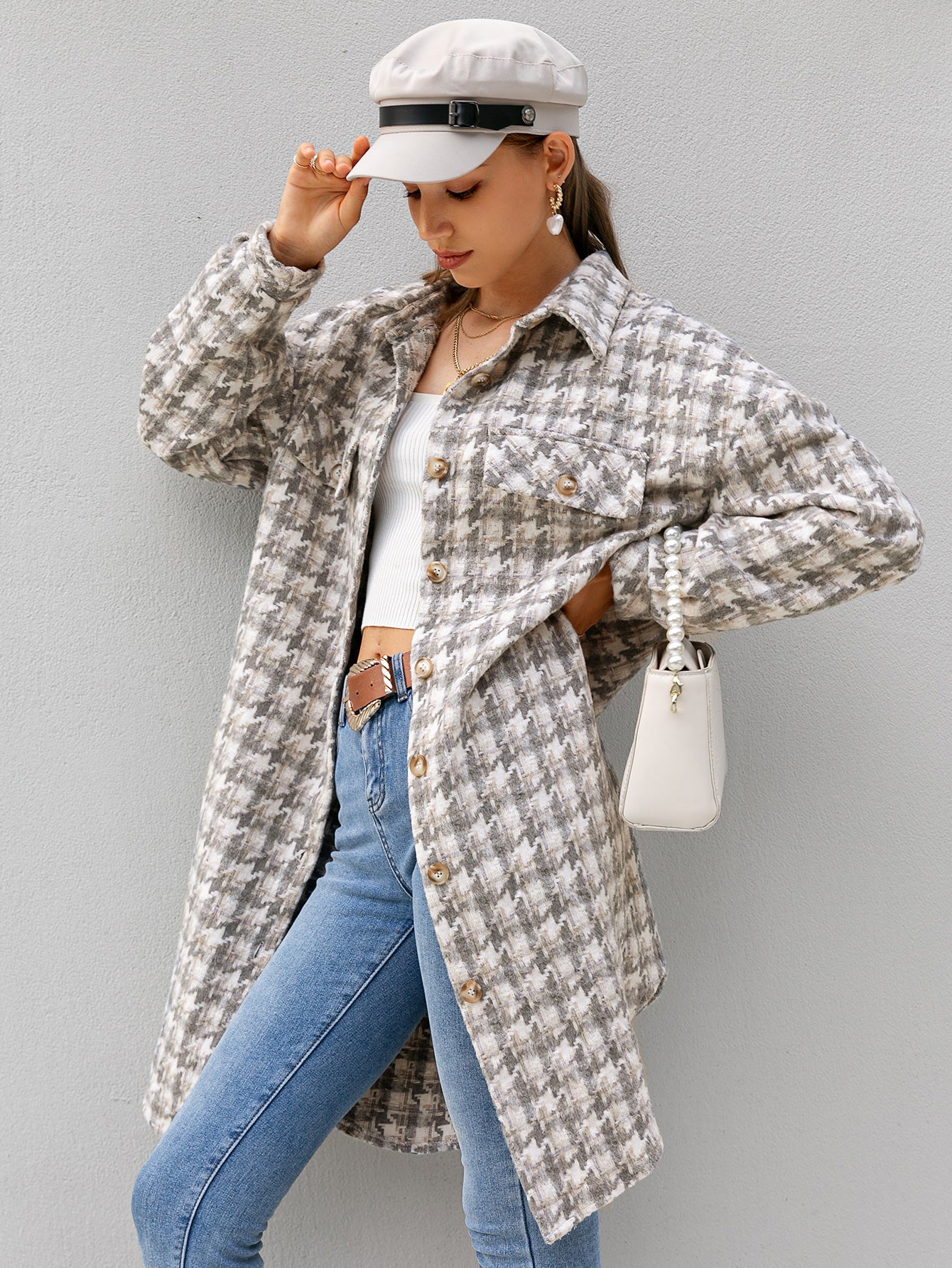 Houndstooth Button Down Collared Longline Shirt Jacket