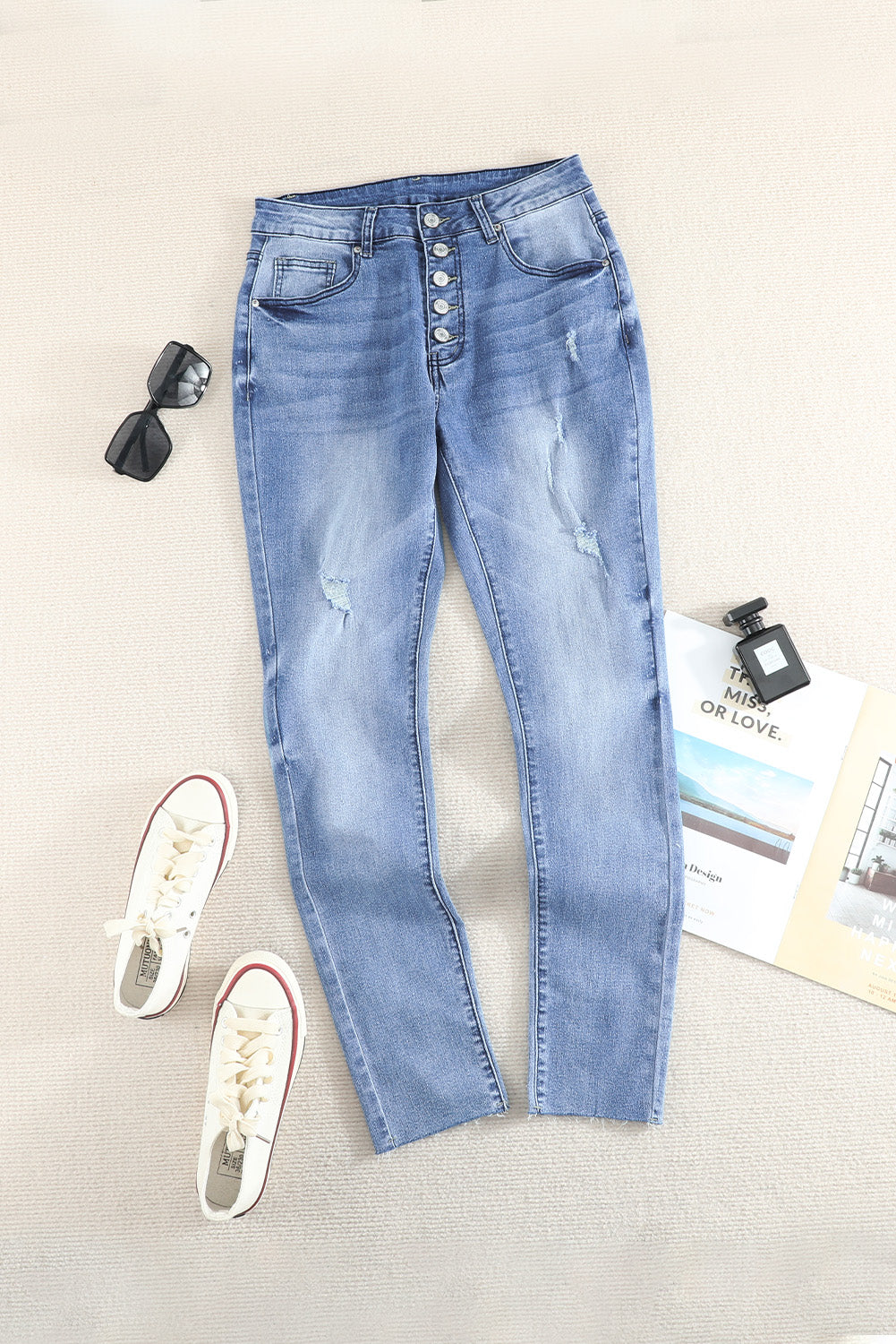 Button Fly Distressed Skinny Jeans