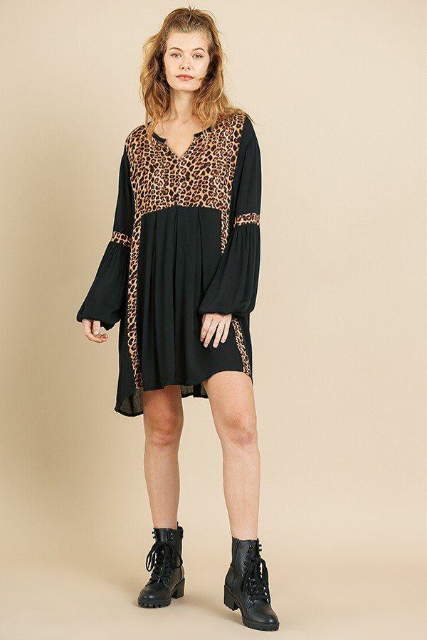 Animal Print Long Puff Sleeve Split Neck Babydoll Dress Animal Print Long Puff Sleeve Split Neck Babydoll Dress - M&R CORNER M&R CORNER