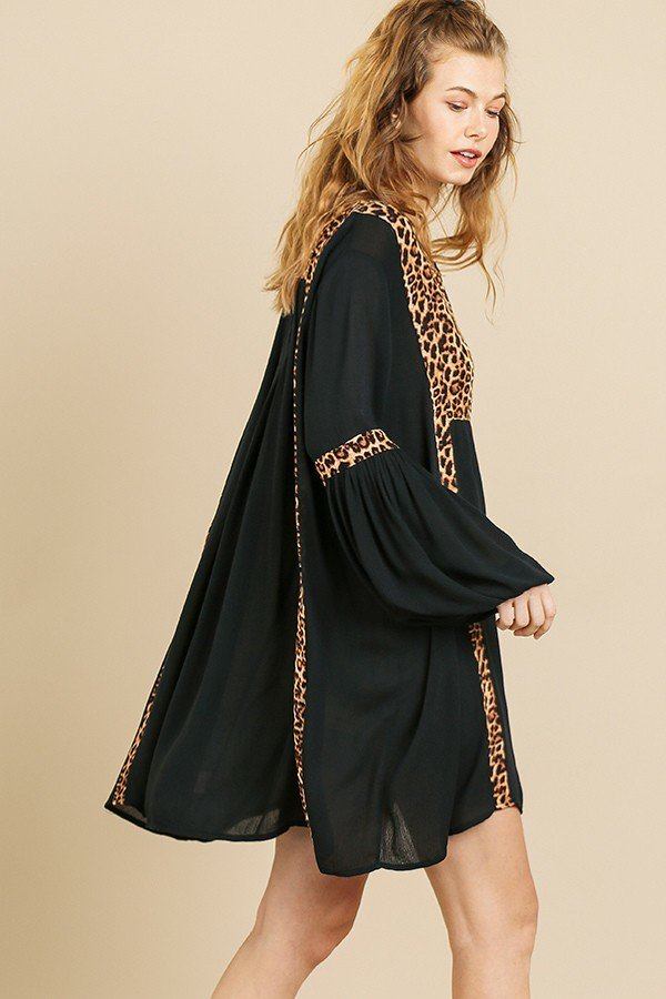 Animal Print Long Puff Sleeve Split Neck Babydoll Dress Animal Print Long Puff Sleeve Split Neck Babydoll Dress - M&R CORNER M&R CORNER