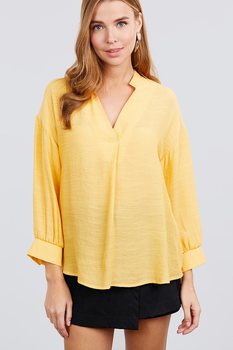 3/4 Cuff Sleeve V-neck W/collar Woven Top