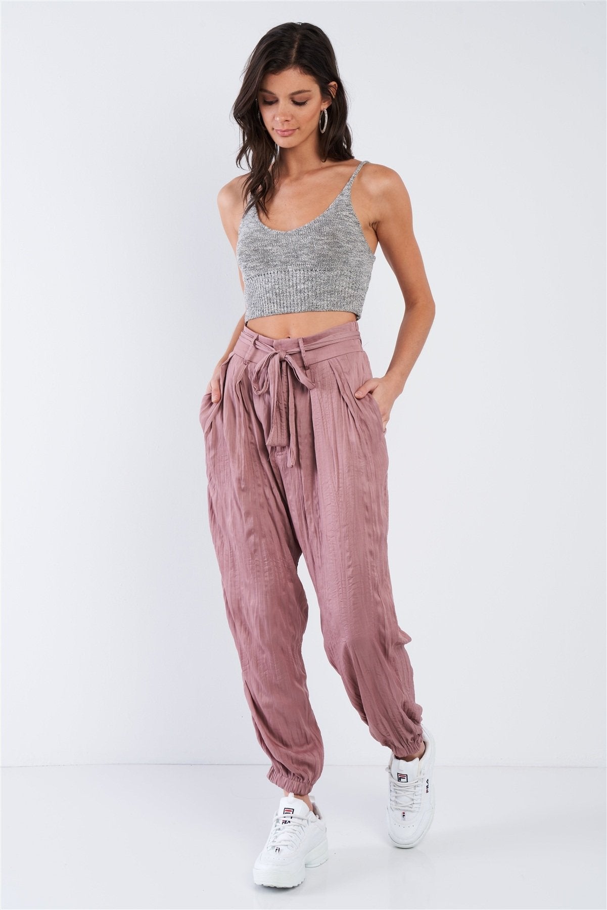 Crushed Satin Cinched Ankle Cuff Pant