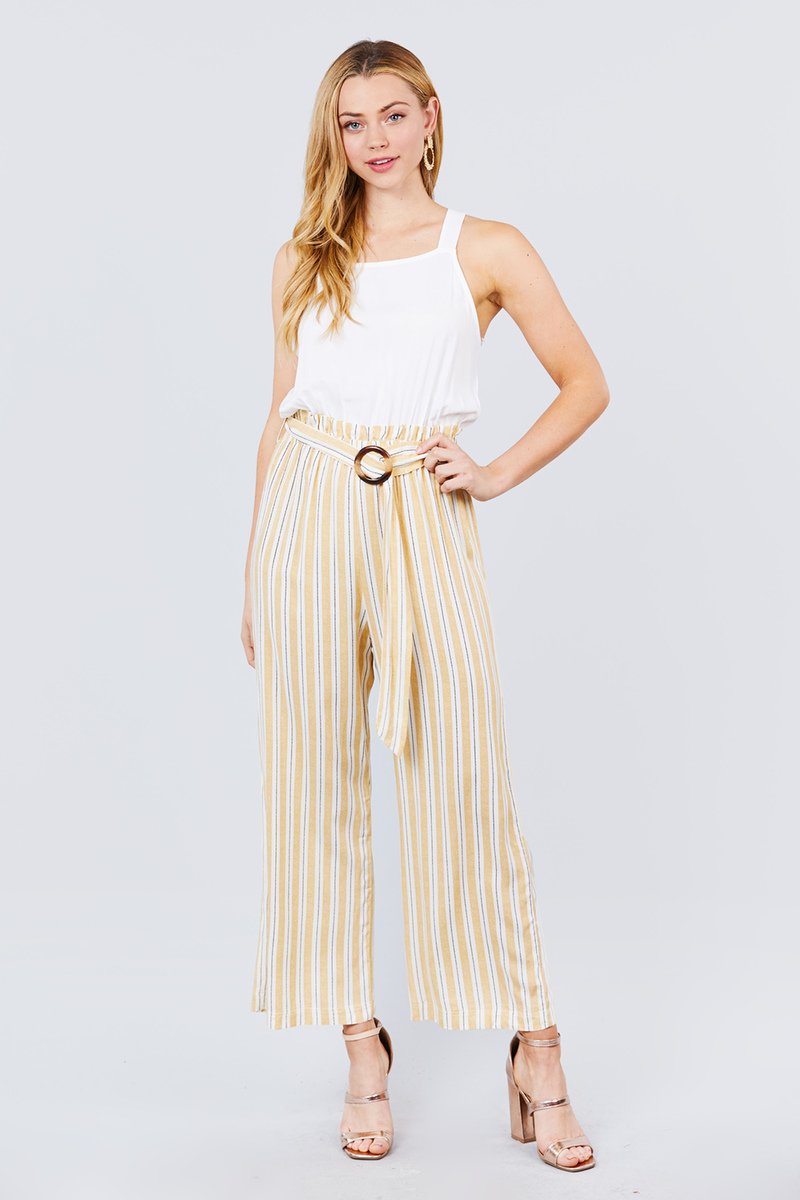 Waist Belted Striped Long Jumpsuit