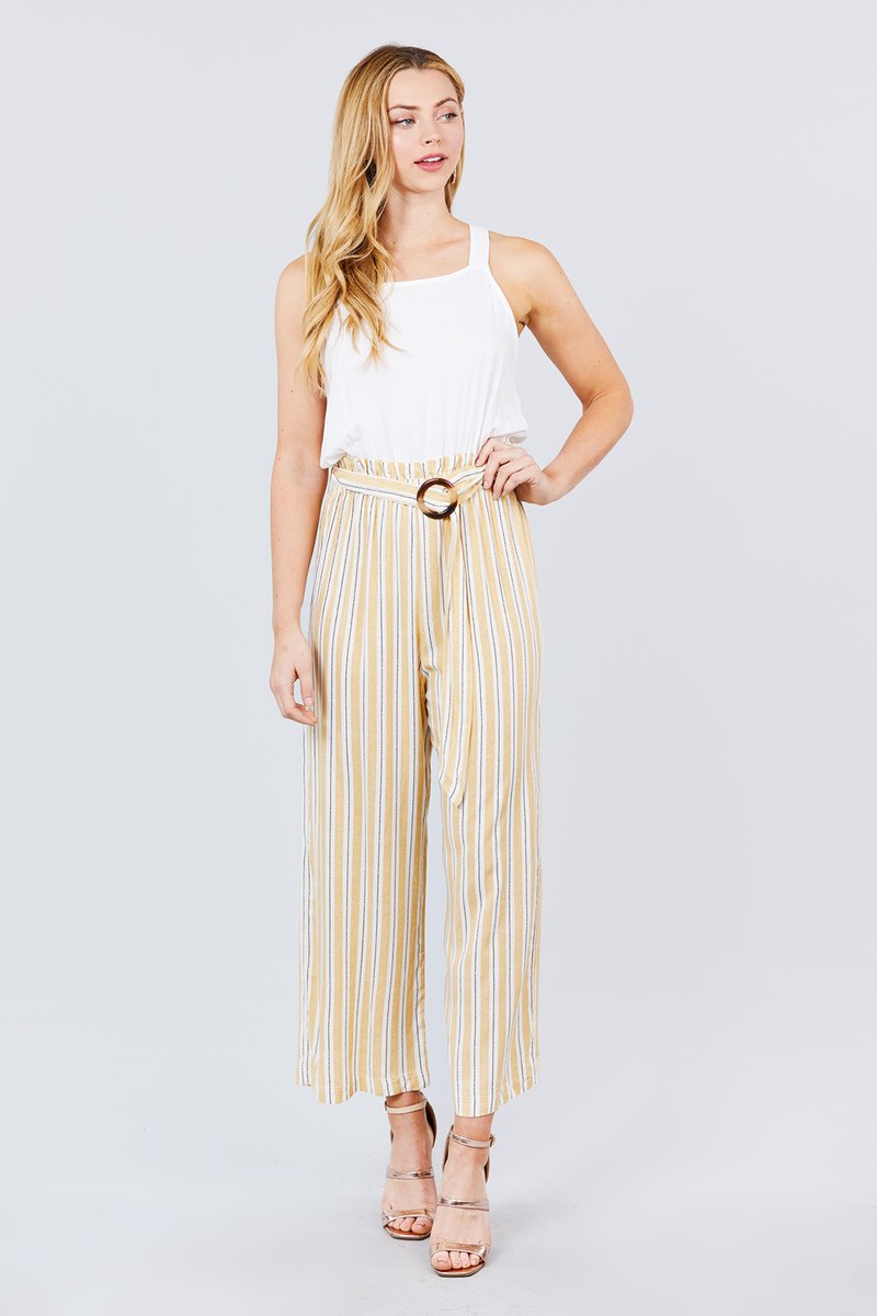Waist Belted Striped Long Jumpsuit