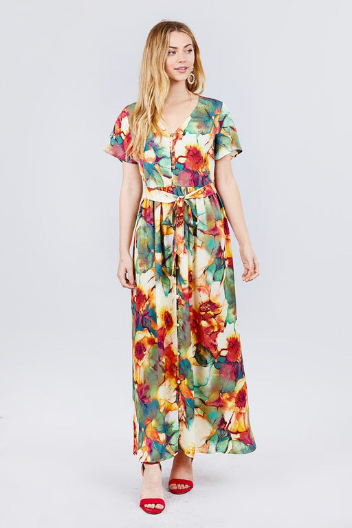 belted printed woven maxi dress