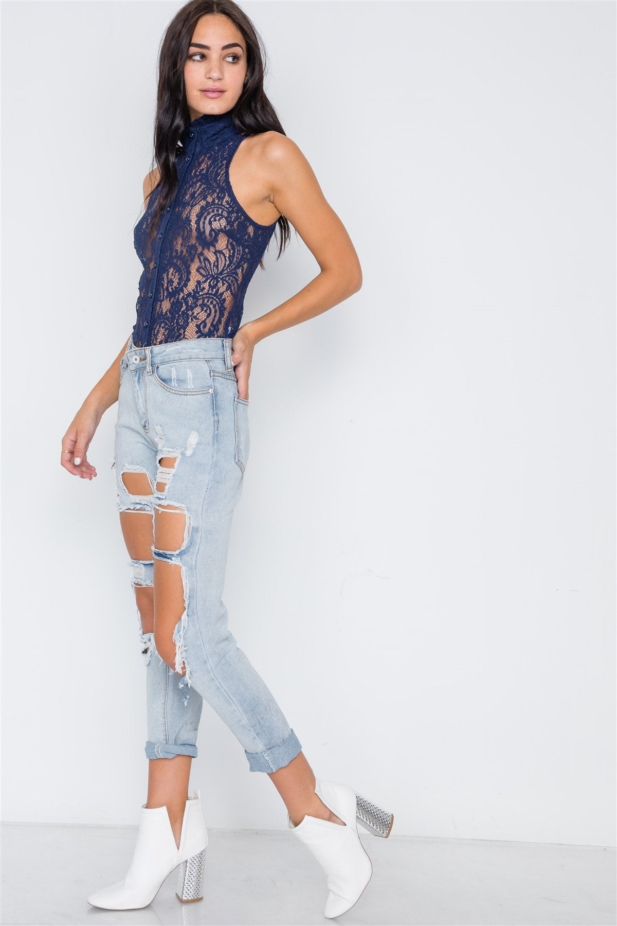 Mock-neck Sheer Button Down Lace Top