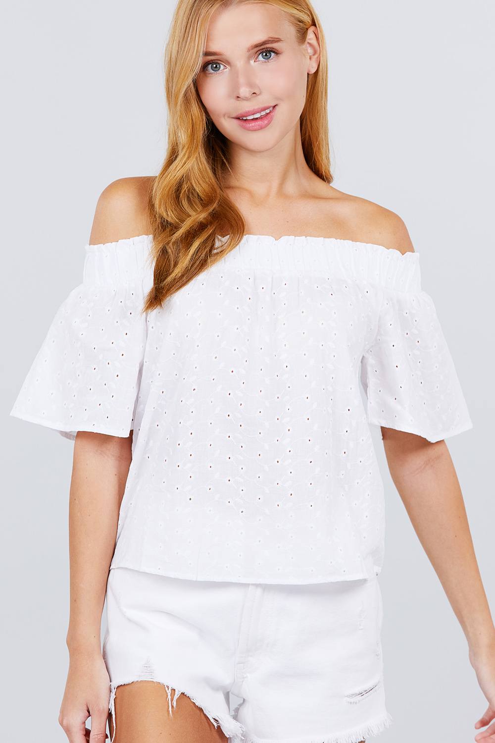 Off The Shoulder Eyelet Woven Top