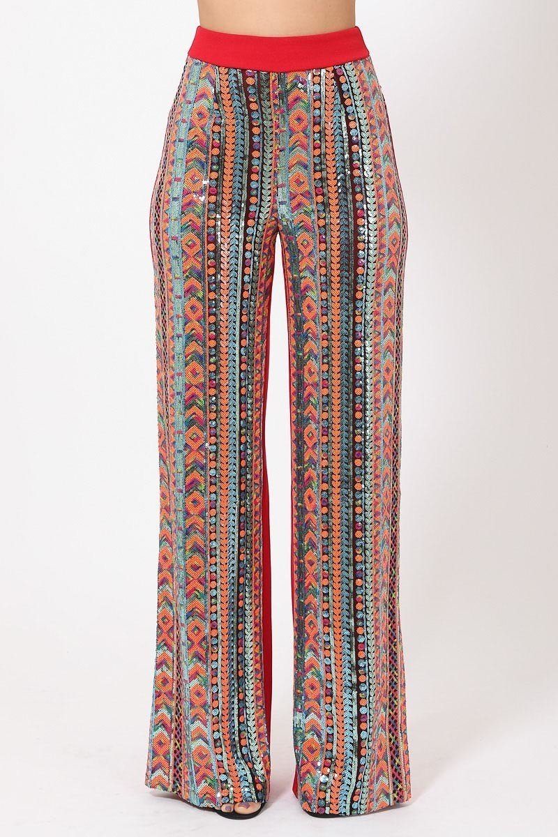 <transcy>Pantalon taille haute à motif de paillettes colorées</transcy>