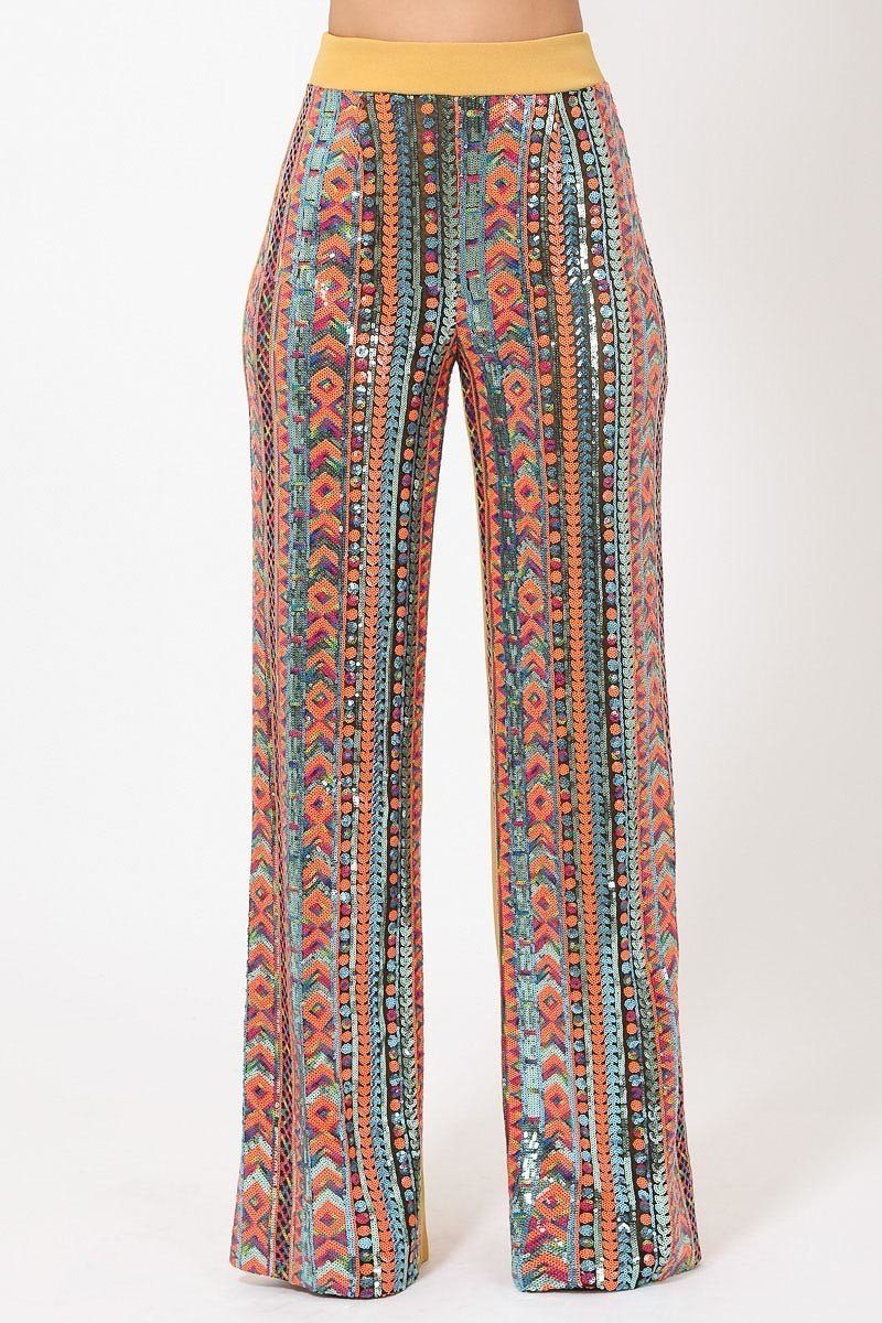 <transcy>Pantalon taille haute à motif de paillettes colorées</transcy>