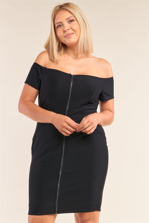 Plus Size Fitted Off-the-shoulder Front Zipper Bodycon Mini Dress Plus Size Fitted Off-the-shoulder Front Zipper Bodycon Mini Dress - M&R CORNER M&R CORNER