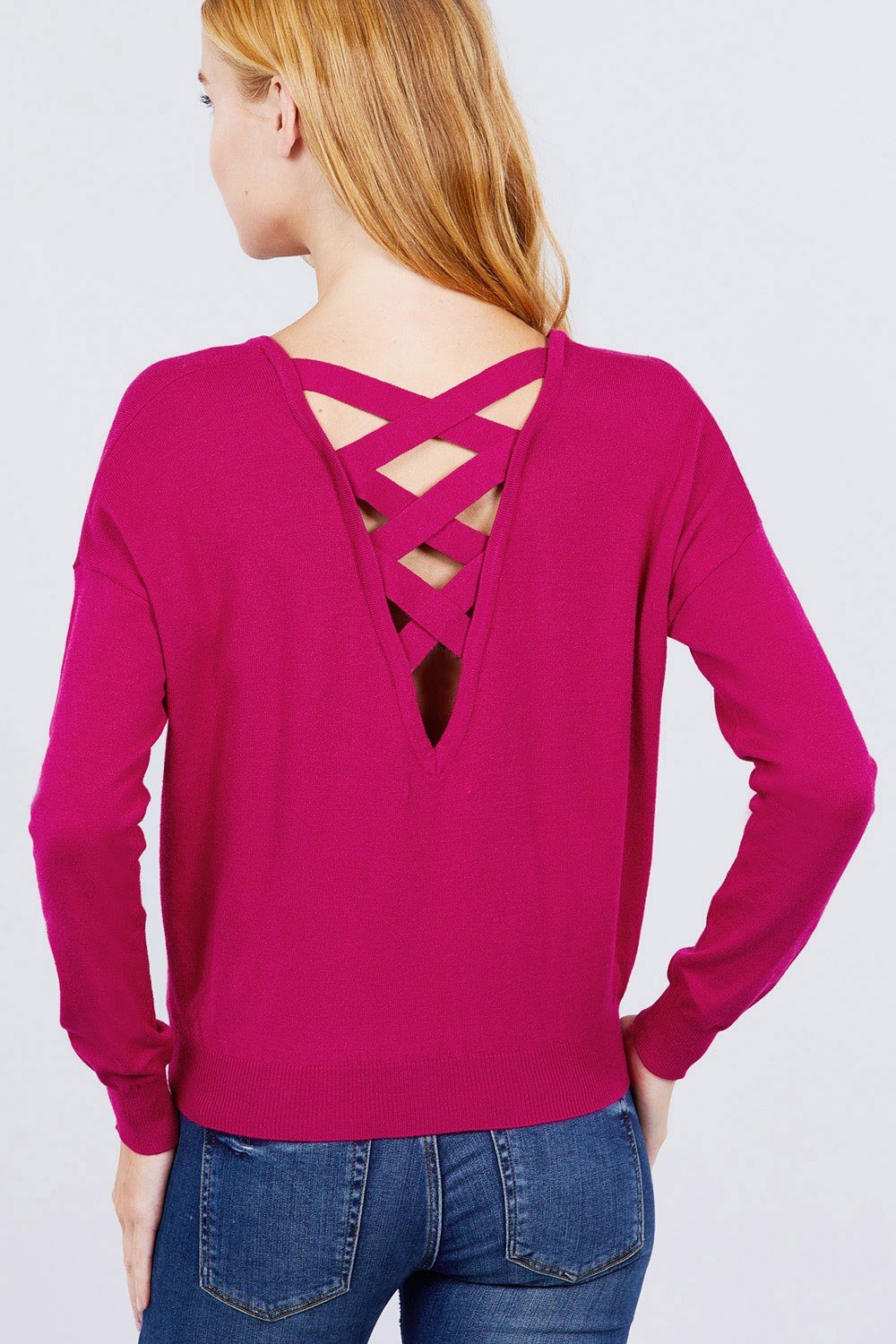 V-neck Back Cross Sweater V-neck Back Cross Sweater - M&R CORNER M&R CORNER Magenta / S