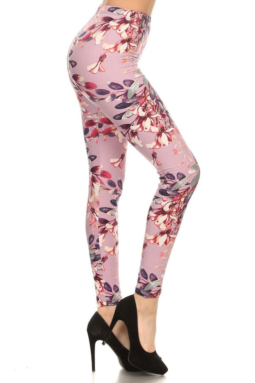 Floral Printed High Waisted Knit Leggings In Skinny Fit With Elastic Waistband Floral Printed High Waisted Knit Leggings In Skinny Fit With Elastic Waistband - M&R CORNER M&R CORNER