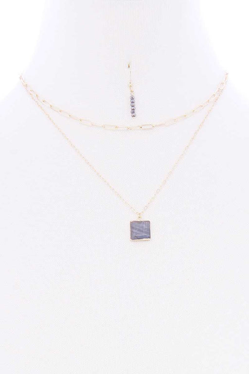 2 Layered Chain Metal Square Marbling Stone Pendant Necklace 2 Layered Chain Metal Square Marbling Stone Pendant Necklace - M&R CORNER M&R CORNER