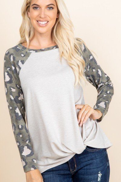 Casual French Terry Side Twist Top With Animal Print Long Sleeves Casual French Terry Side Twist Top With Animal Print Long Sleeves - M&R CORNER M&R CORNER