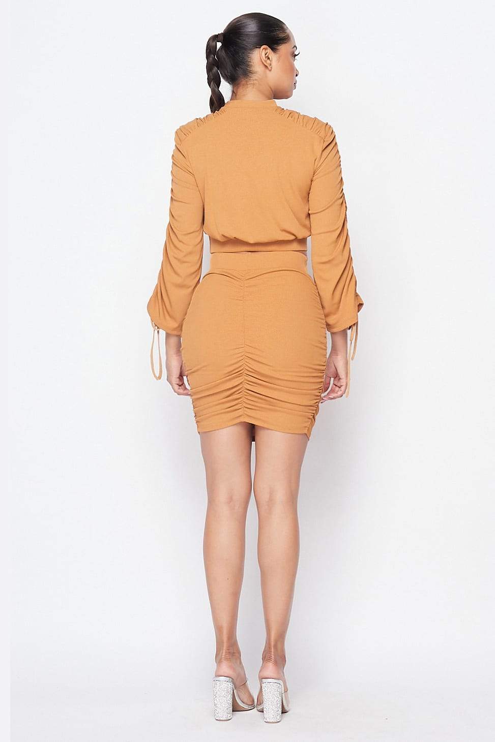 Ruched Long Sleeves Top And Skirt Set Ruched Long Sleeves Top And Skirt Set - M&R CORNER M&R CORNER Camel / S