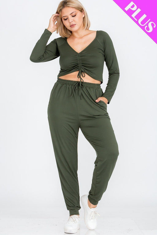 Plus Size Strap Ruched Top And Jogger Pants Set Plus Size Strap Ruched Top And Jogger Pants Set - M&R CORNER M&R CORNER