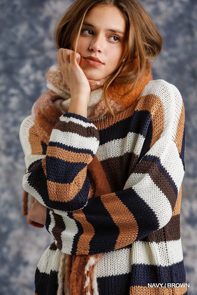 Multicolored Stripe Round Neck Long Sleeve Knit Sweater Multicolored Stripe Round Neck Long Sleeve Knit Sweater - M&R CORNER M&R CORNER Brown / S