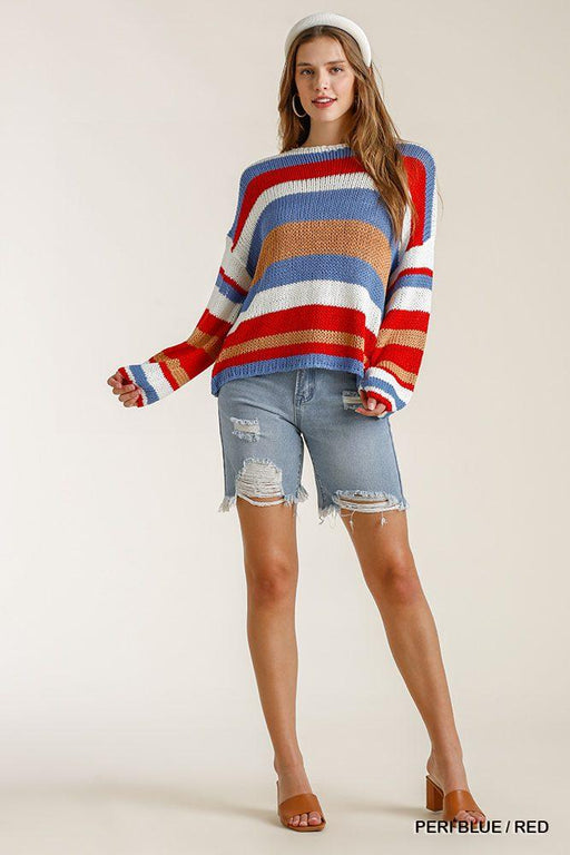 Multicolored Stripe Round Neck Long Sleeve Knit Sweater Multicolored Stripe Round Neck Long Sleeve Knit Sweater - M&R CORNER M&R CORNER Blue / S