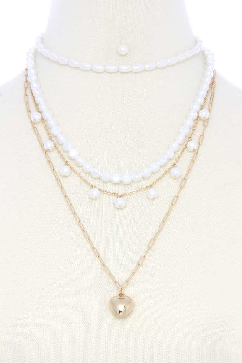 Puffy Heart Charm Pearl Bead Layered Necklace