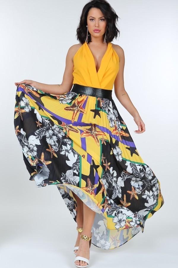 Pleated Print Maxi Skirt With Leather Waist Band Pleated Print Maxi Skirt With Leather Waist Band - M&R CORNER M&R CORNER Mellow Yellow / S