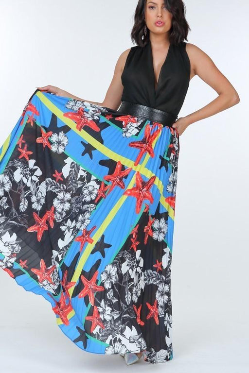 Pleated Print Maxi Skirt With Leather Waist Band Pleated Print Maxi Skirt With Leather Waist Band - M&R CORNER M&R CORNER Paradise Blue / S