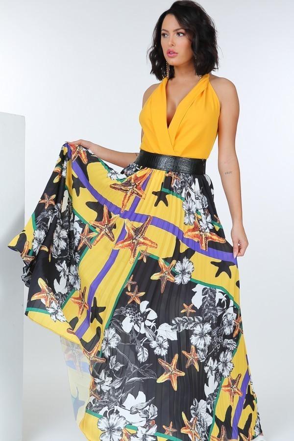 Pleated Print Maxi Skirt With Leather Waist Band Pleated Print Maxi Skirt With Leather Waist Band - M&R CORNER M&R CORNER