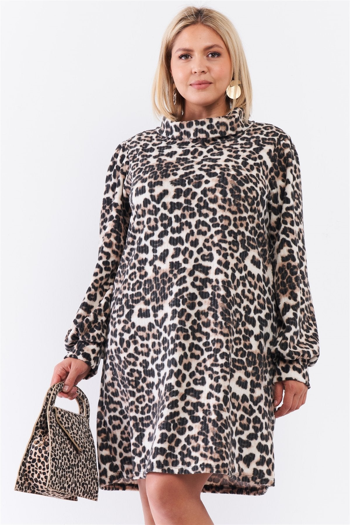 <transcy>Mini-robe côtelée à col bénitier et à manches ballon à imprimé léopard de grande taille</transcy>