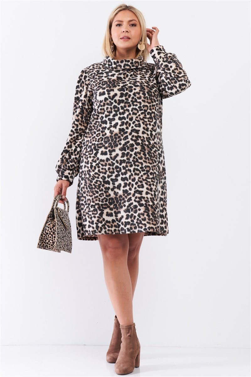 <transcy>Mini-robe côtelée à col bénitier et à manches ballon à imprimé léopard de grande taille</transcy>