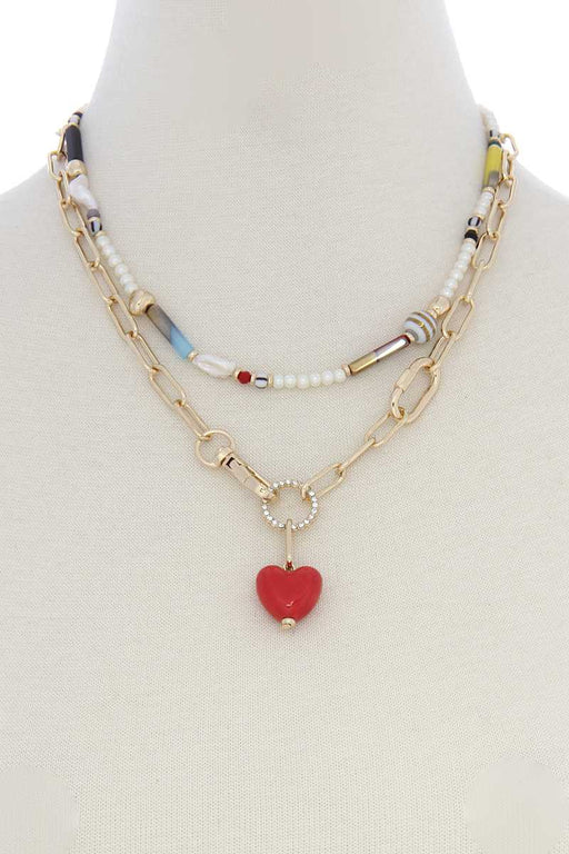 Heart Shape Oval Link Beaded Layer Necklace Heart Shape Oval Link Beaded Layer Necklace - M&R CORNER M&R CORNER